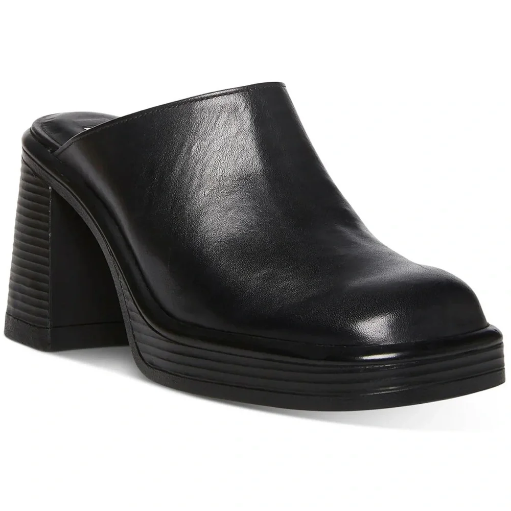New Steve Madden Flirtie Black Leather Platform Mules with Heel Size 8.5 - Picture 2 of 6